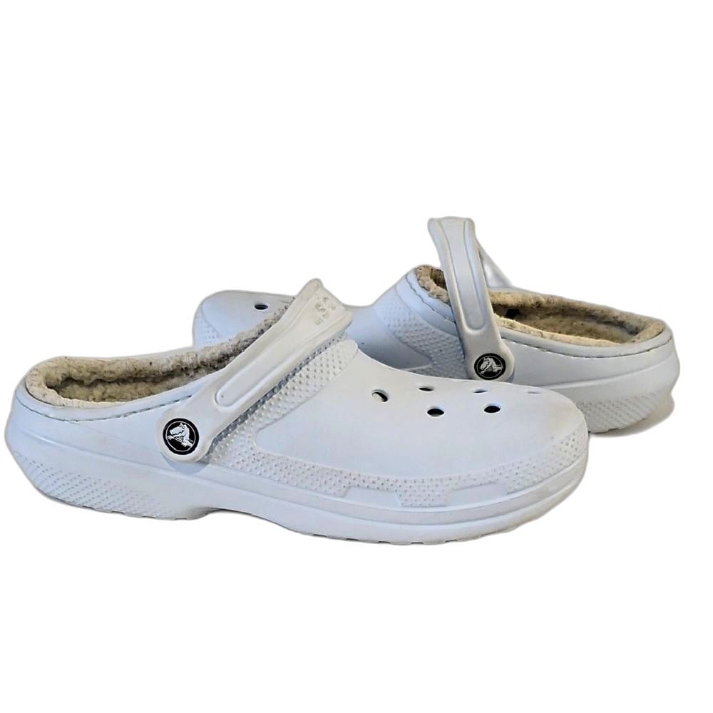 Crocs Classic White Lined Faux-Fur Warm Fuzzy Clogs Mules Size 9